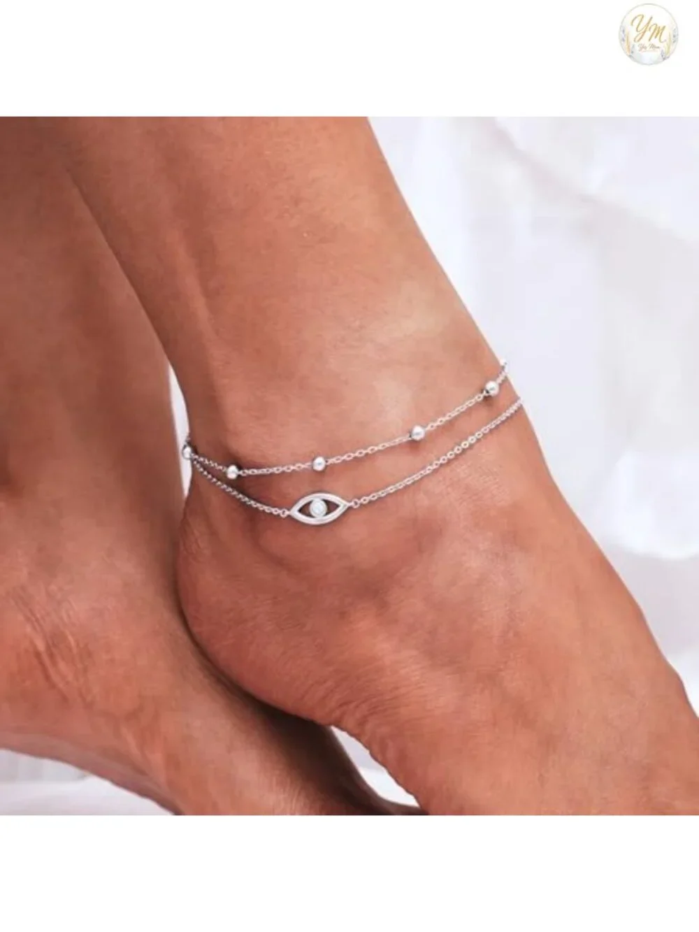 925 Sterling Silver Adjustable Layered Anklet with Evil Eye & Opal Charms, Boho